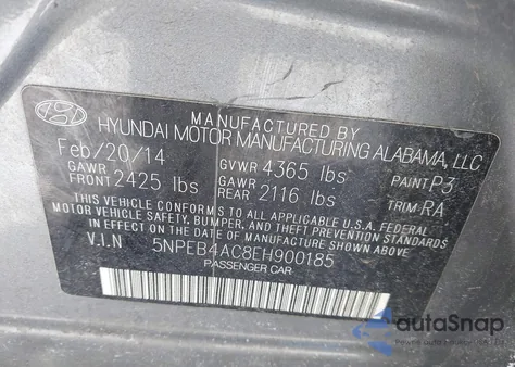 2014 Hyundai Sonata Gls z USA, uszkodzony, nr VIN 5NPEB4AC8EH900185